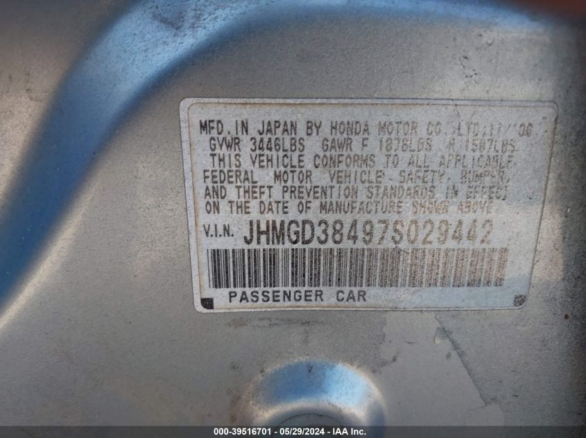 2007 Honda Fit VIN: JHMGD38497S029442 Lot: 39516701