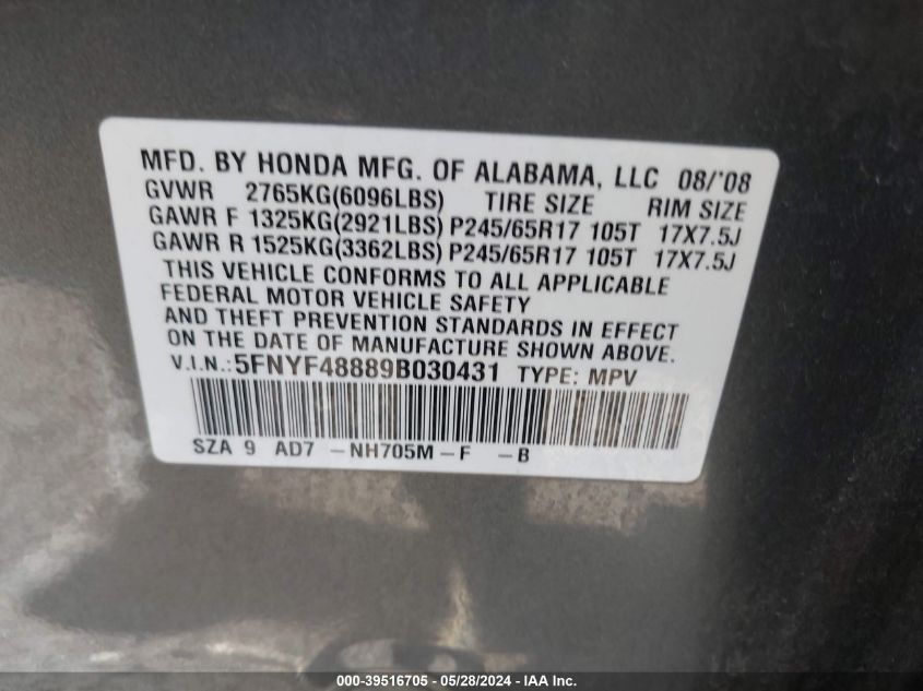 2009 Honda Pilot Touring VIN: 5FNYF48889B030431 Lot: 39516705
