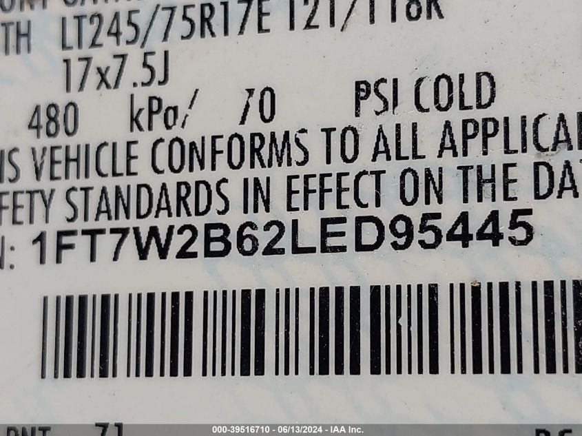 2020 Ford F-250 Xl VIN: 1FT7W2B62LED95445 Lot: 39516710