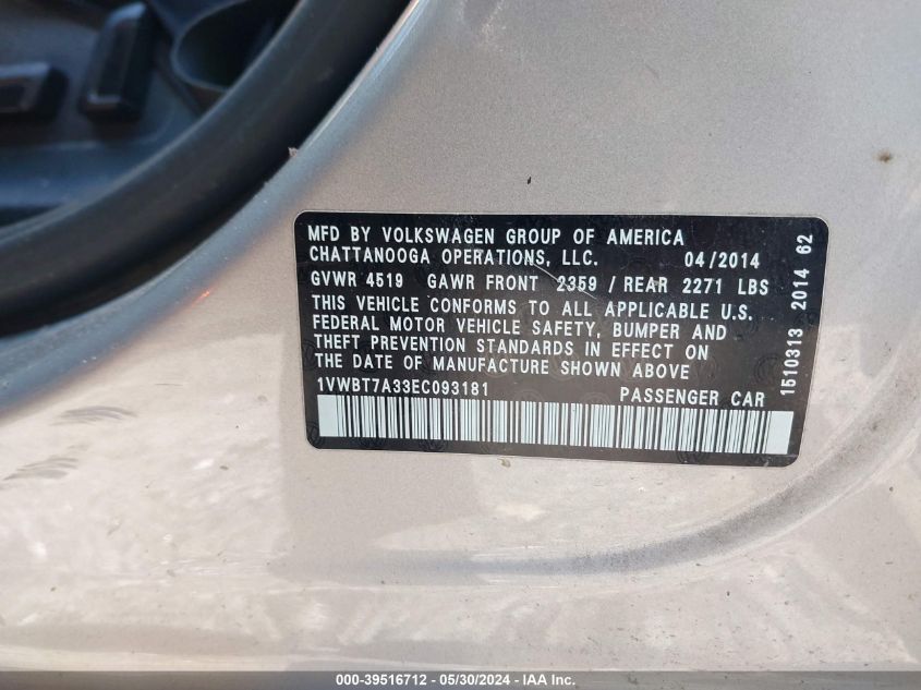 2014 Volkswagen Passat 1.8T Sport VIN: 1VWBT7A33EC093181 Lot: 39516712