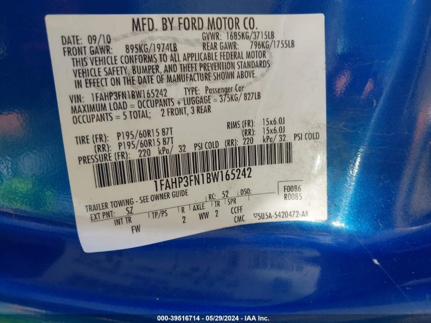 2011 Ford Focus Se VIN: 1FAHP3FN1BW165242 Lot: 39516714