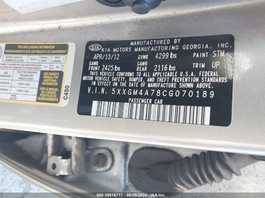 2012 Kia Optima Lx VIN: 5XXGM4A78CG070189 Lot: 39516717