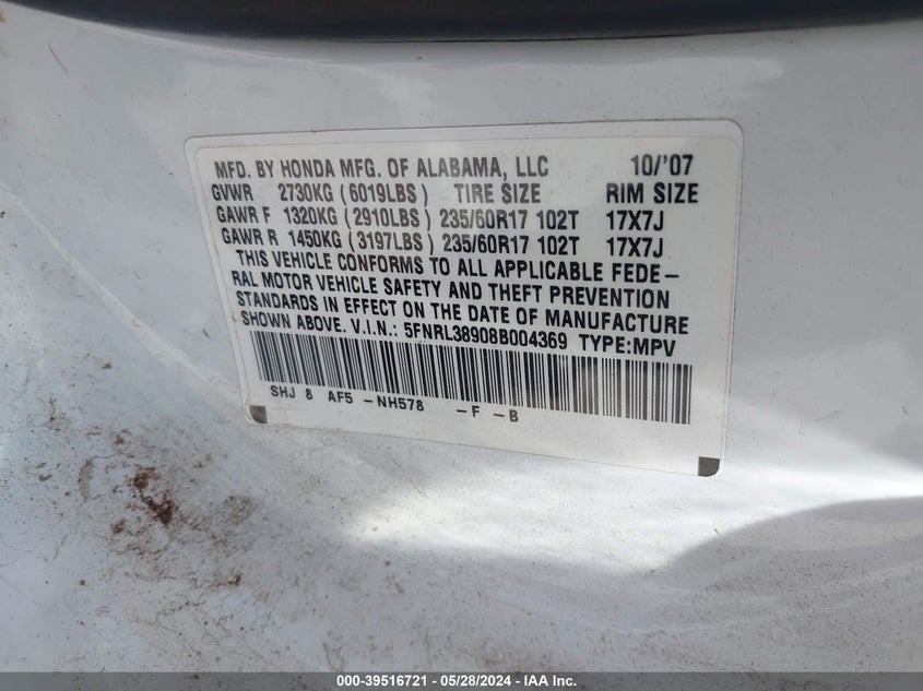 2008 Honda Odyssey Touring VIN: 5FNRL38908B004369 Lot: 39516721