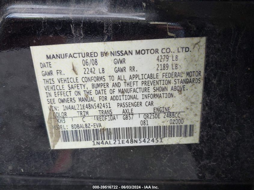 2008 Nissan Altima 2.5/2.5S VIN: 1N4AL21E48N542451 Lot: 39516722