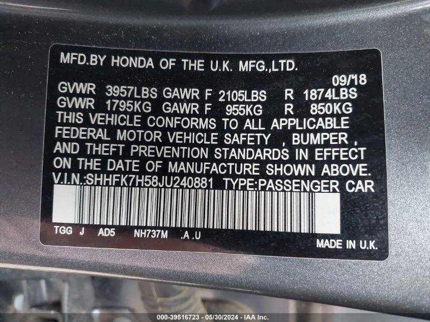 2018 Honda Civic Ex VIN: SHHFK7H58JU240881 Lot: 39516723