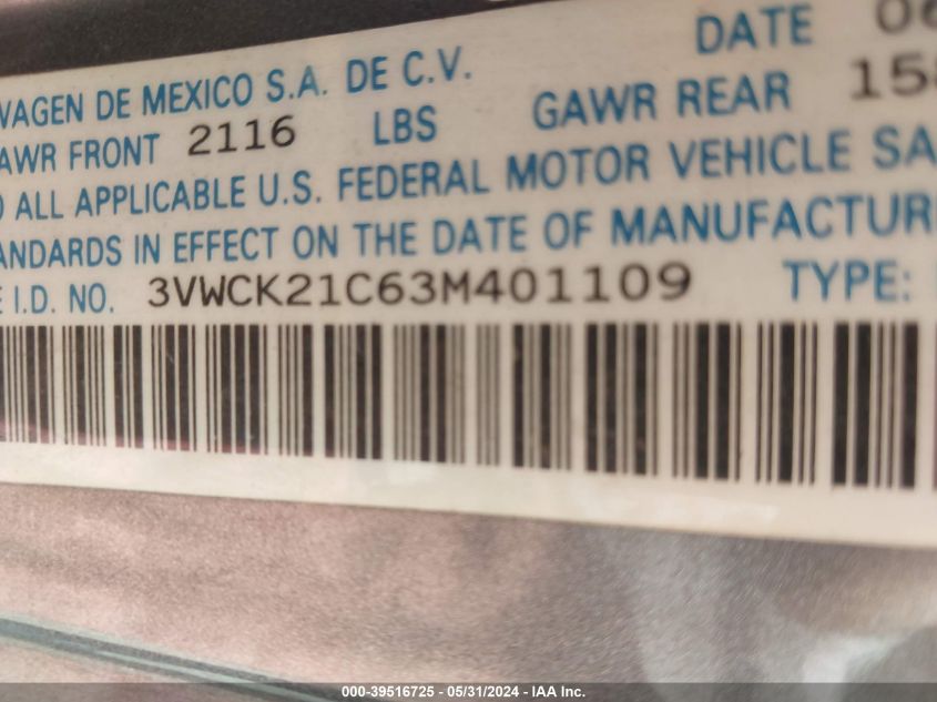 2003 Volkswagen New Beetle Gls 2.0L VIN: 3VWCK21C63M401109 Lot: 39516725
