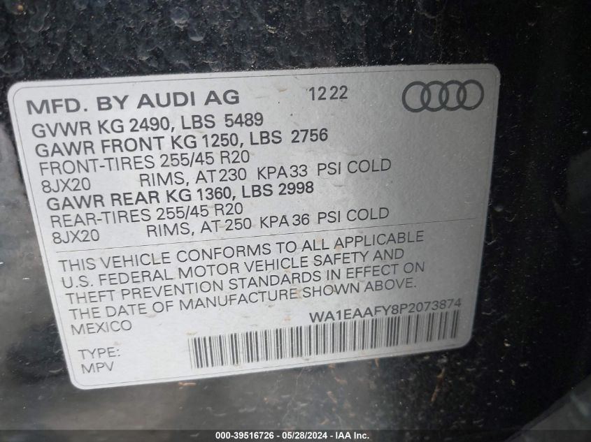 2023 Audi Q5 Premium Plus 45 Tfsi S Line Quattro VIN: WA1EAAFY8P2073874 Lot: 39516726