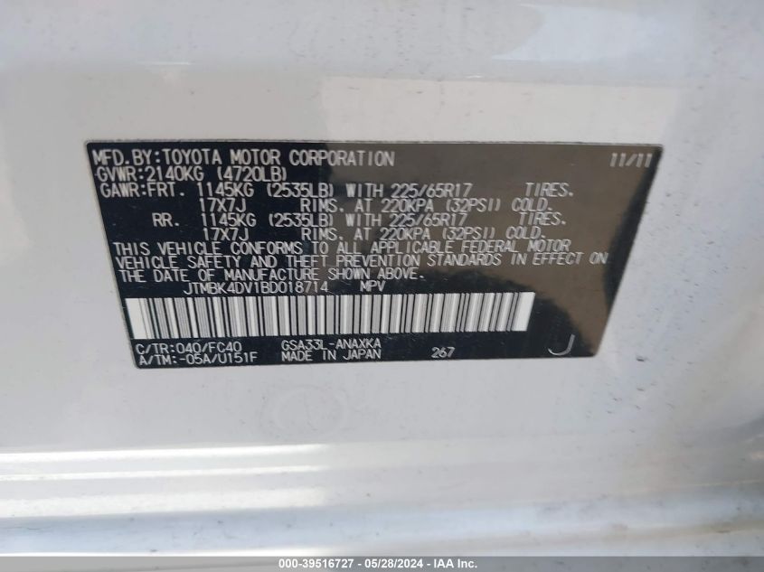 2011 Toyota Rav4 Base V6 VIN: JTMBK4DV1BD018714 Lot: 39516727