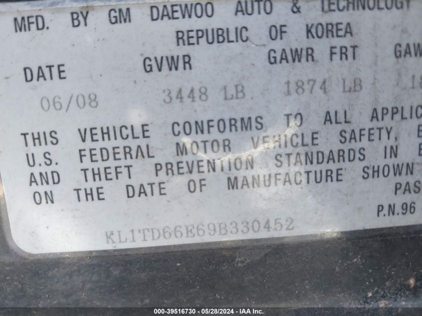 2009 Chevrolet Aveo Lt VIN: KL1TD66E69B330452 Lot: 39516730