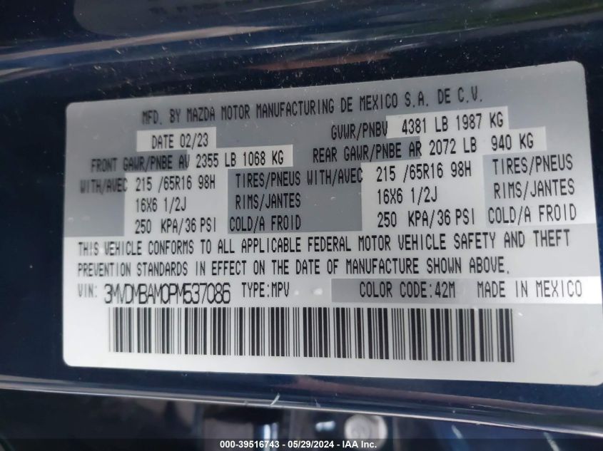 2023 Mazda Cx-30 2.5 S VIN: 3MVDMBAM0PM537086 Lot: 39516743