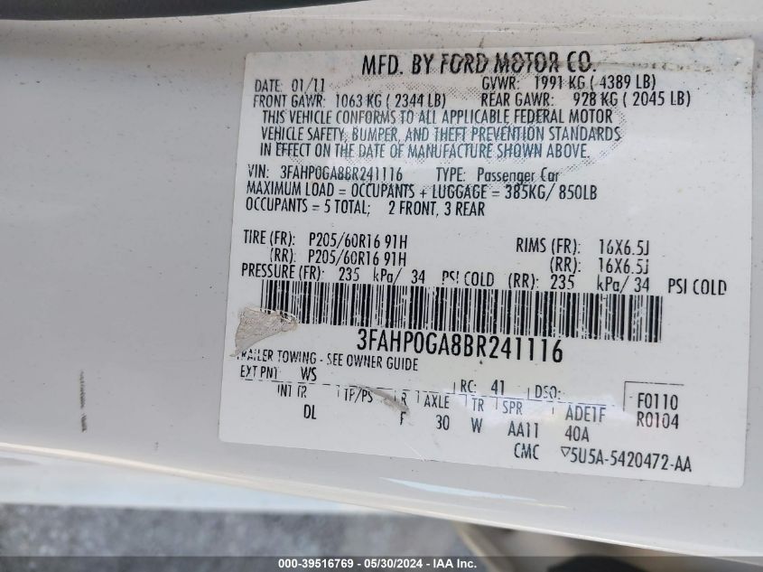 2011 Ford Fusion S VIN: 3FAHP0GA8BR241116 Lot: 39516769