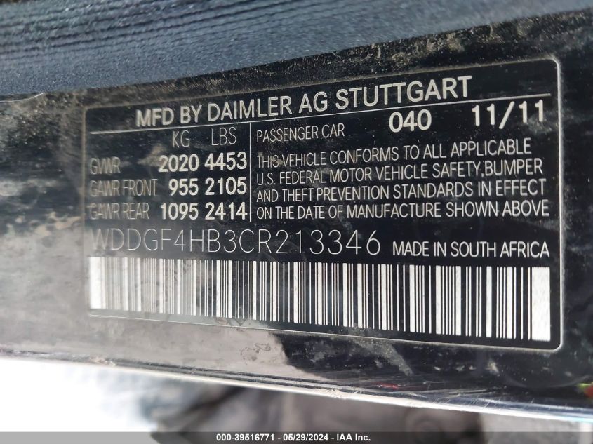 2012 Mercedes-Benz C 250 Luxury/Sport VIN: WDDGF4HB3CR213346 Lot: 39516771