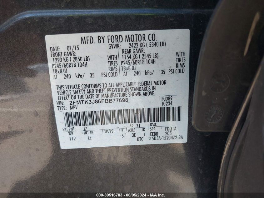 2015 Ford Edge Sel VIN: 2FMTK3J86FBB77698 Lot: 39516783