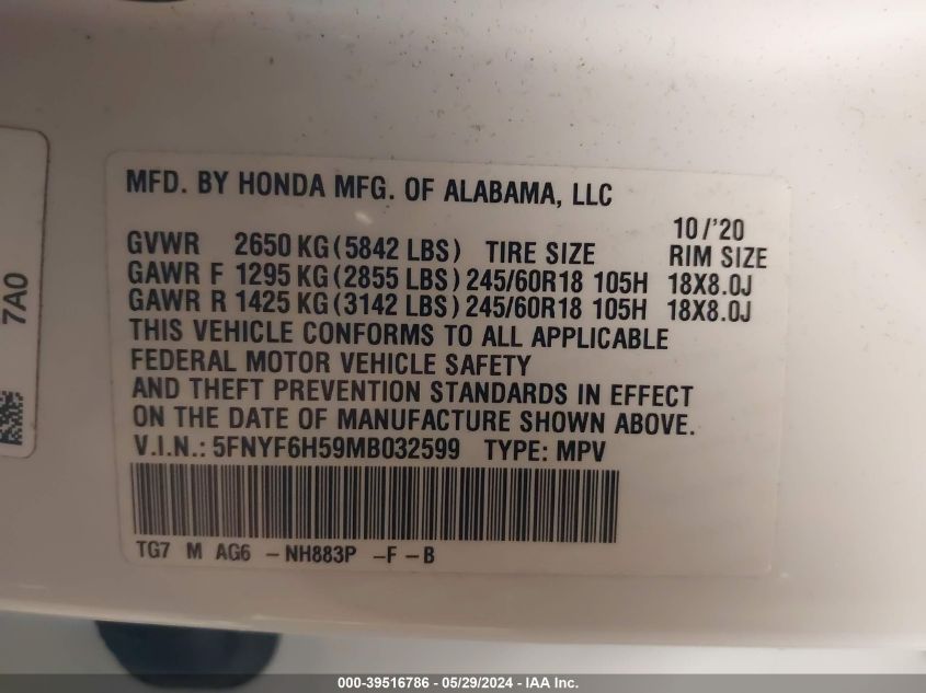 2021 Honda Pilot Awd Ex-L VIN: 5FNYF6H59MB032599 Lot: 39516786