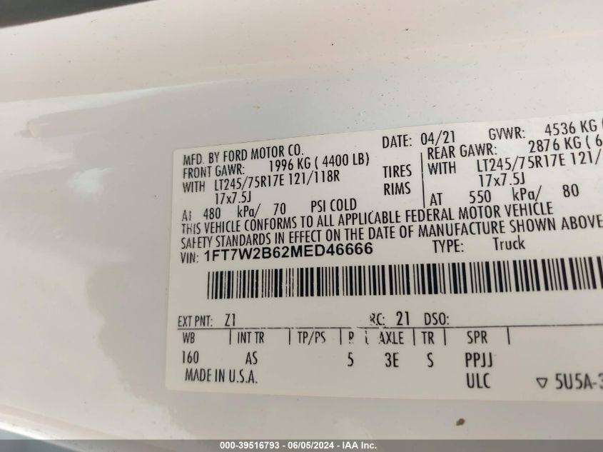 2021 Ford F-250 Xl VIN: 1FT7W2B62MED46666 Lot: 39516793