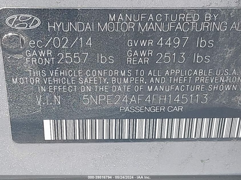 2015 Hyundai Sonata Se VIN: 5NPE24AF4FH145113 Lot: 39516794