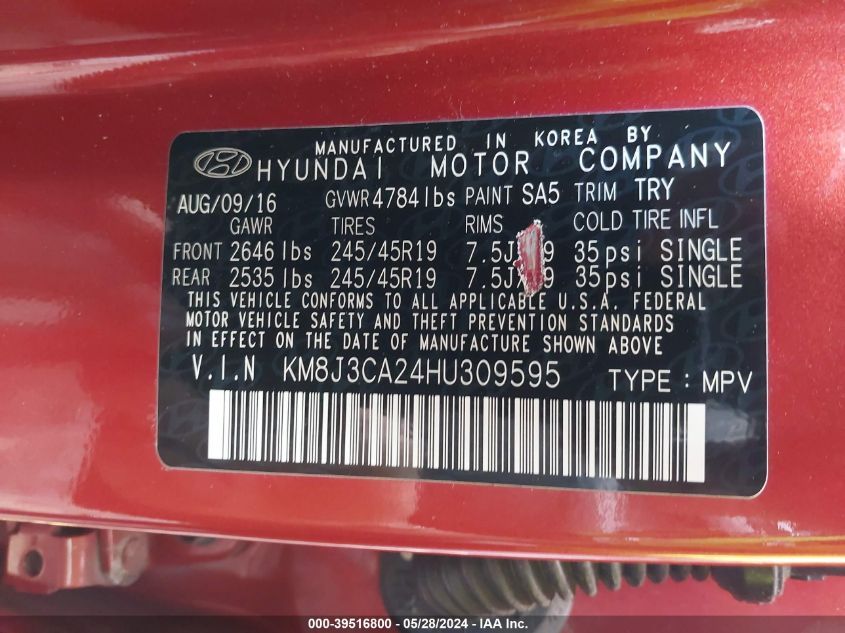 2017 Hyundai Tucson Limited VIN: KM8J3CA24HU309595 Lot: 39516800