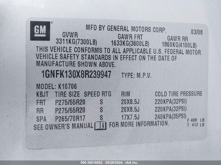 2008 Chevrolet Tahoe Ltz VIN: 1GNFK130X8R239947 Lot: 39516802