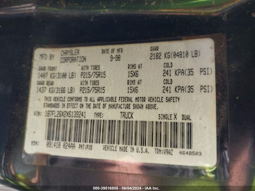 1999 Dodge Dakota Slt/Sport VIN: 1B7FL26X2XS139241 Lot: 39516805