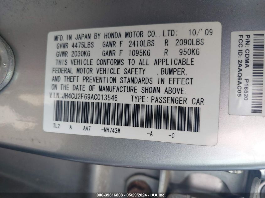 2010 Acura Tsx 2.4 VIN: JH4CU2F69AC013546 Lot: 39516808