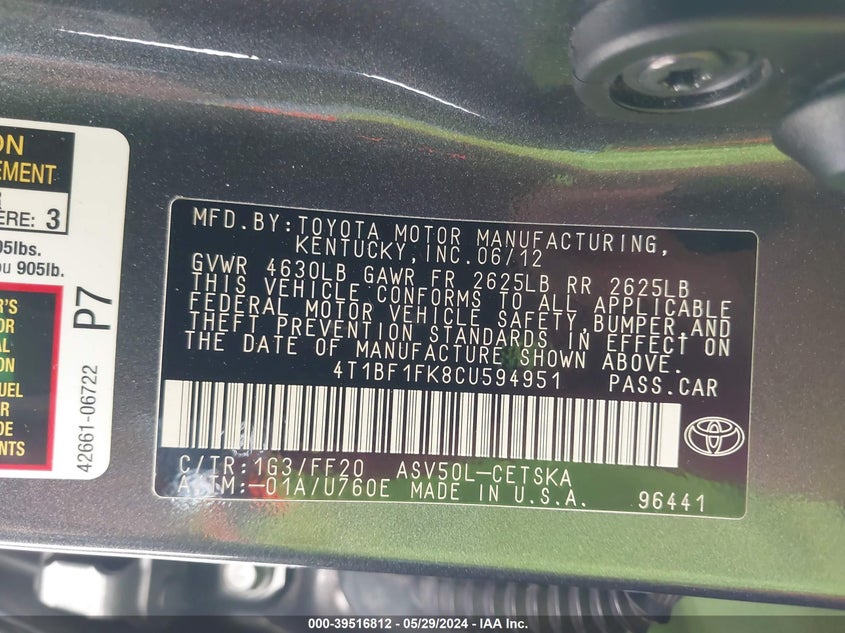 2012 Toyota Camry Se VIN: 4T1BF1FK8CU594951 Lot: 39516812