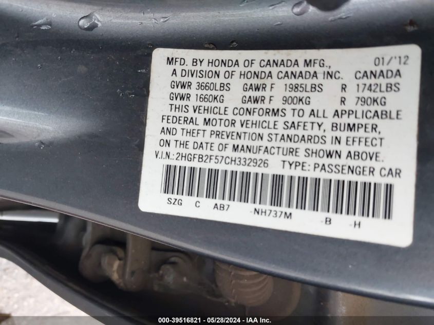 2012 Honda Civic Lx VIN: 2HGFB2F57CH332926 Lot: 39516821