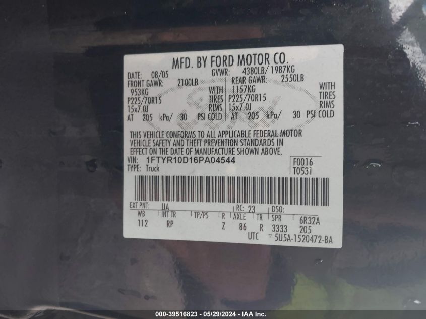 2006 Ford Ranger Xl/Xlt VIN: 1FTYR10D16PA04544 Lot: 39516823