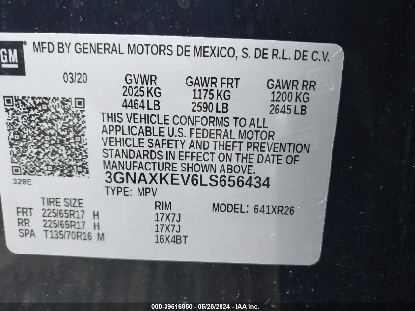 2020 CHEVROLET EQUINOX FWD LT 1.5L TURBO - 3GNAXKEV6LS656434