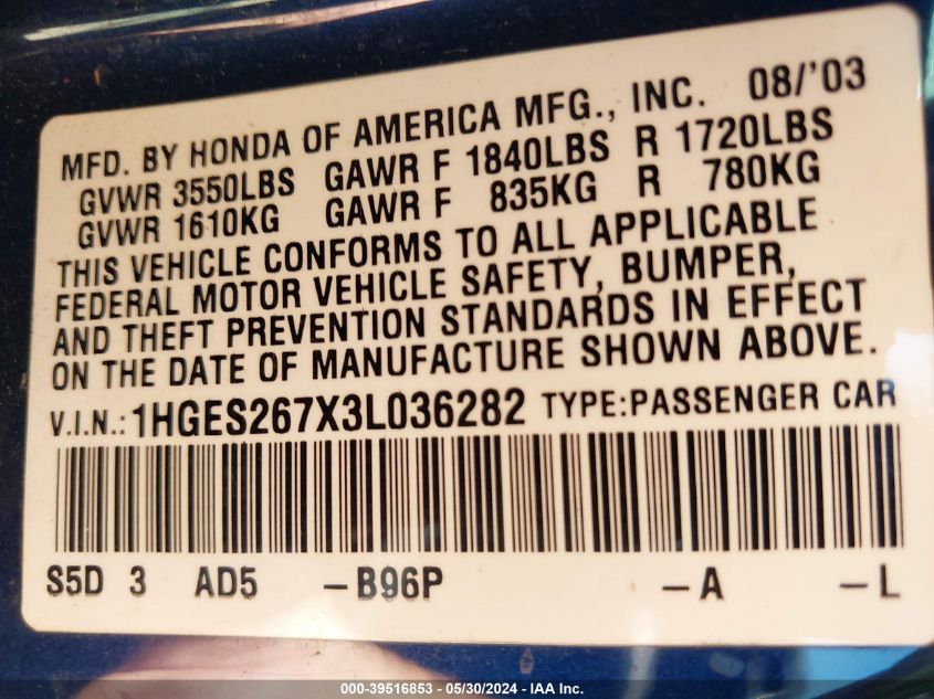 2003 Honda Civic Ex VIN: 1HGES267X3L036282 Lot: 39516853