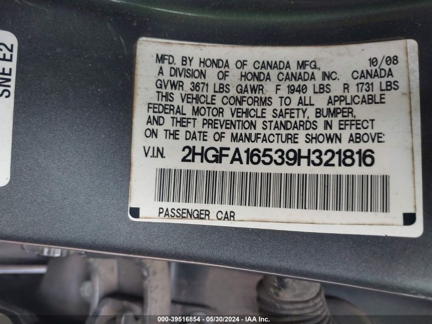 2009 Honda Civic Lx VIN: 2HGFA16539H321816 Lot: 39516854