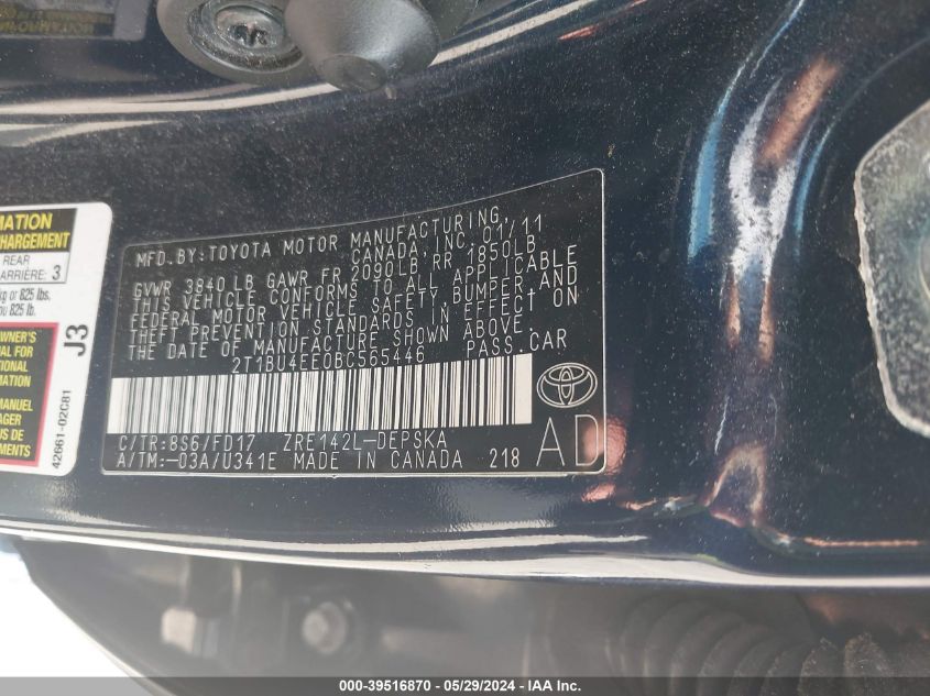 2011 Toyota Corolla S VIN: 2T1BU4EE0BC565446 Lot: 39516870