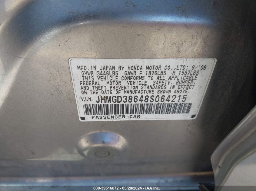 2008 Honda Fit Sport VIN: JHMGD38648S064215 Lot: 39516872