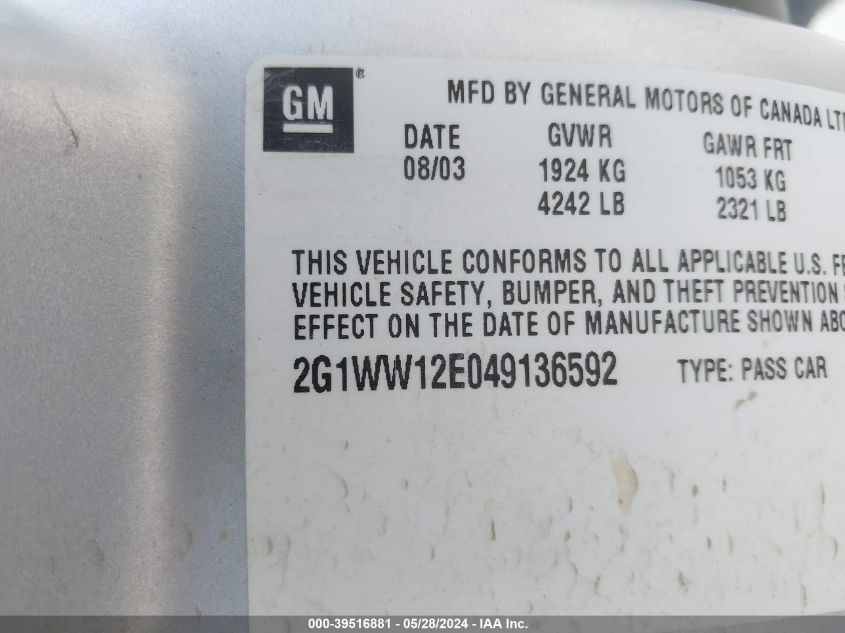 2004 Chevrolet Monte Carlo Ls VIN: 2G1WW12E049136592 Lot: 39516881
