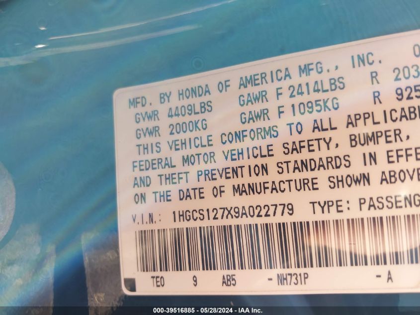 2009 Honda Accord 2.4 Ex VIN: 1HGCS127X9A022779 Lot: 39516885