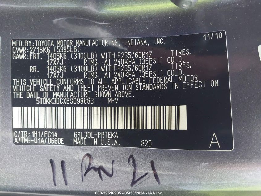 2011 Toyota Sienna Le V6 VIN: 5TDKK3DCXBS098883 Lot: 39516905