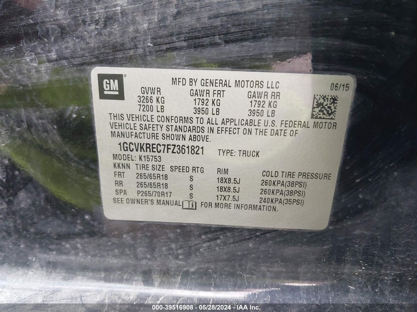 2015 Chevrolet Silverado 1500 2Lt VIN: 1GCVKREC7FZ361821 Lot: 39516908