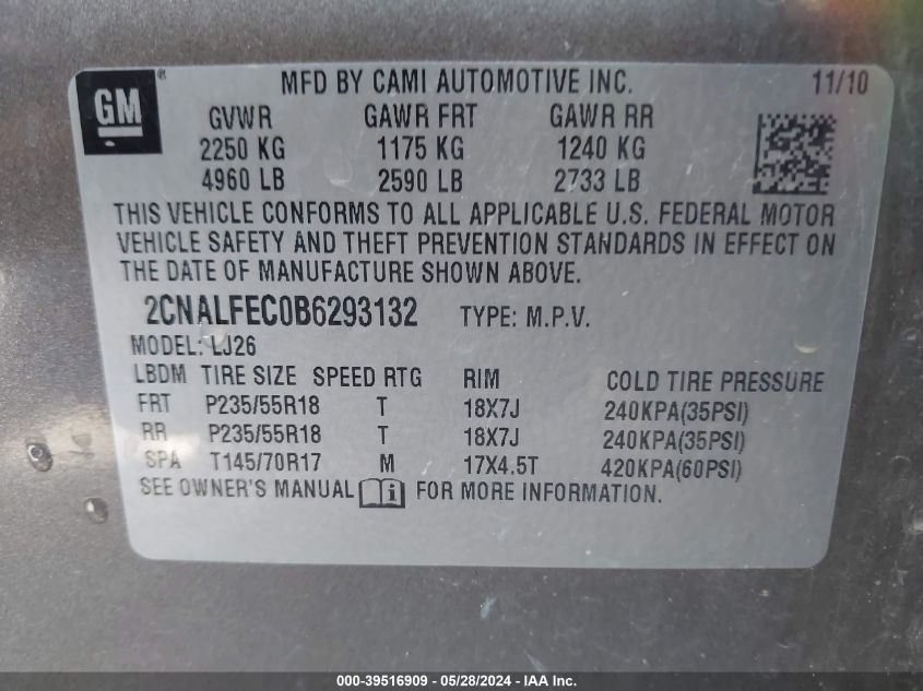 2011 Chevrolet Equinox Ltz VIN: 2CNALFEC0B6293132 Lot: 39516909