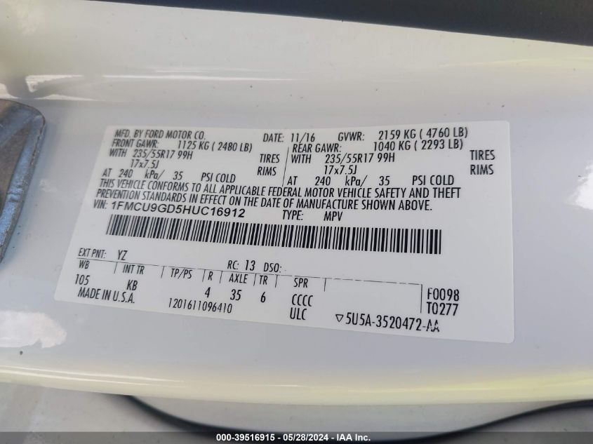 2017 Ford Escape Se VIN: 1FMCU9GD5HUC16912 Lot: 39516915