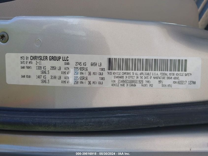 2011 Dodge Grand Caravan Crew VIN: 2D4RN5DG6BR661928 Lot: 39516918