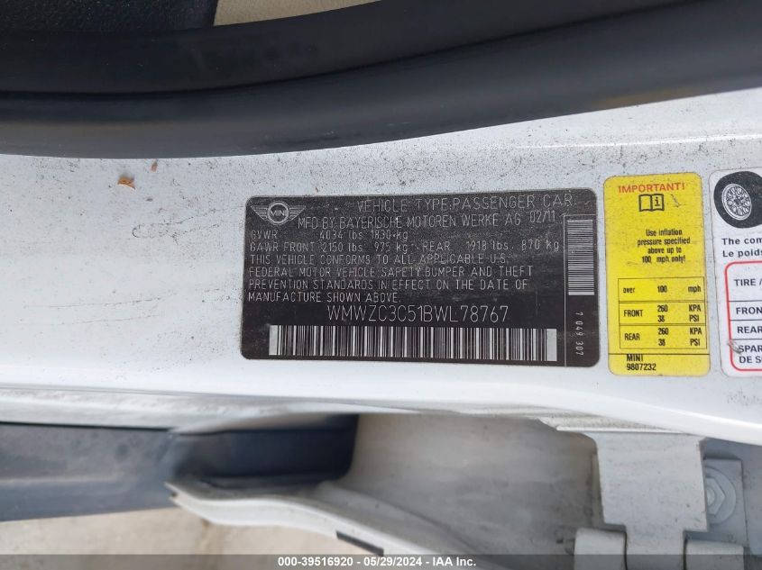 2011 Mini Cooper S Countryman VIN: WMWZC3C51BWL78767 Lot: 39516920