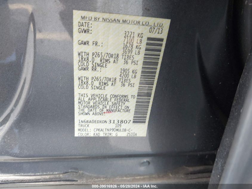 2013 Nissan Titan Sv VIN: 1N6BA0EDXDN313807 Lot: 39516926