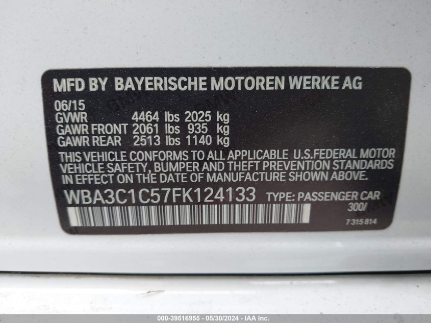 2015 BMW 328I VIN: WBA3C1C57FK124133 Lot: 39516955