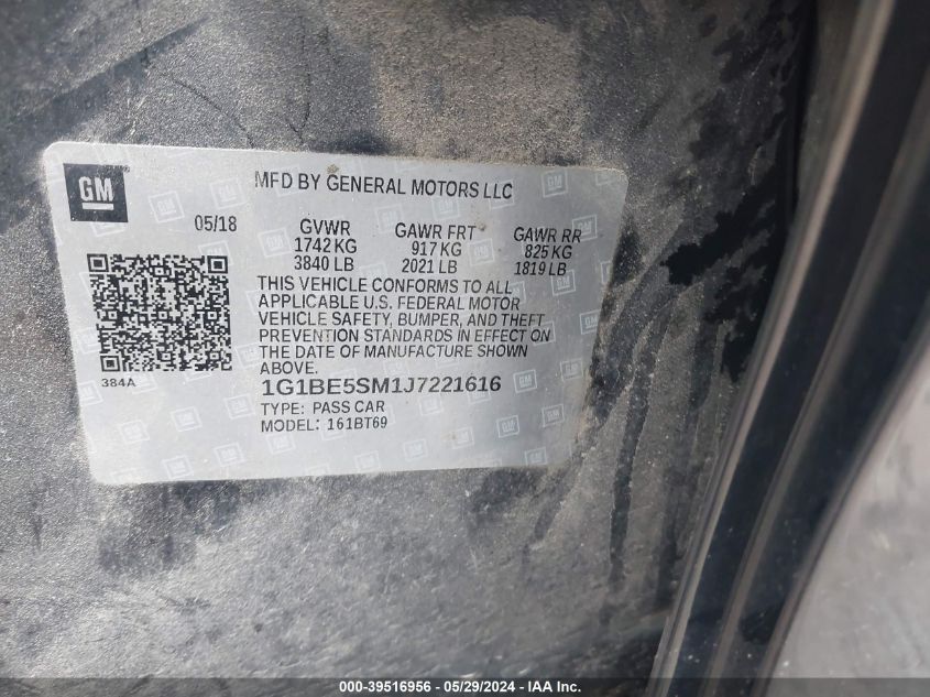 2018 Chevrolet Cruze Lt Auto VIN: 1G1BE5SM1J7221616 Lot: 39516956