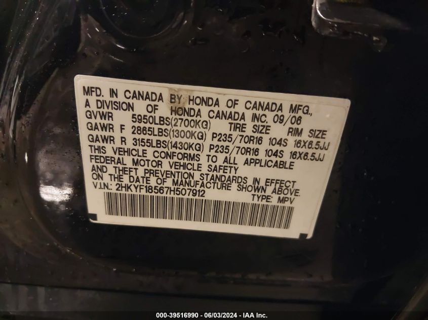 2007 Honda Pilot Ex-L VIN: 2HKYF18567H507912 Lot: 39516990
