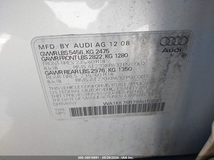 2009 Audi Q5 3.2 Premium VIN: WA1KK78R79A019841 Lot: 39516991