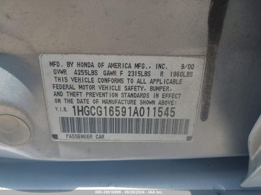 2001 Honda Accord Sdn Ex W/Leather VIN: 1HGCG16591A011545 Lot: 39516999