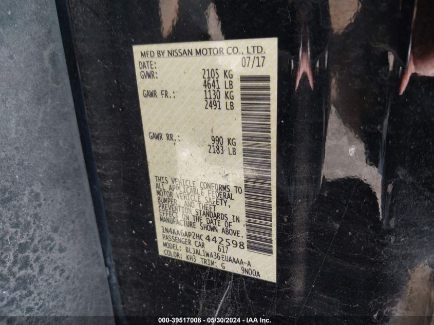 2017 Nissan Maxima 3.5 Sr VIN: 1N4AA6AP2HC442598 Lot: 39517008