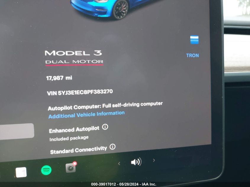 2023 Tesla Model 3 Performance Dual Motor All-Wheel Drive VIN: 5YJ3E1EC8PF383270 Lot: 39517012