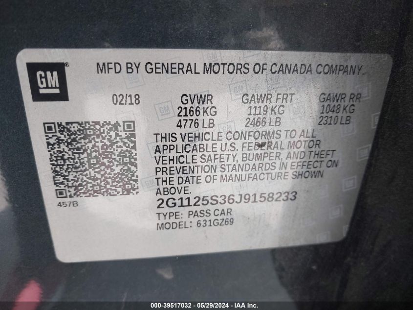 2018 Chevrolet Impala 2Lz VIN: 2G1125S36J9158233 Lot: 39517032