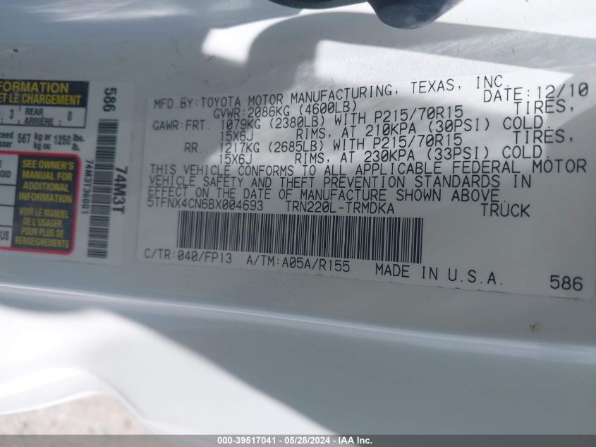 2011 Toyota Tacoma VIN: 5TFNX4CN6BX004693 Lot: 39517041